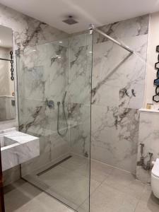 una ducha con puerta de cristal en un baño en Nile Luxury Appartment, en El Cairo 33 fotos más