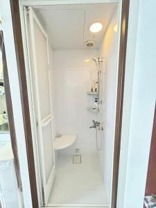 La petite salle de bains est pourvue d'une douche et d'un lavabo. dans l'établissement Ueno Sakura House, à Tokyo
