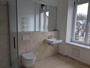 Winzervilla Kammerhof - 3x stilvolle & geräumige FeWos mit Moselblick, 2-12 Gäste buchbar, direkt am Moselradweg في برونبيبيرغ: حمام مع مرحاض ومغسلة ودش +48 صورة