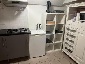 a kitchen with a stove and a refrigerator at Beachroom Appartement in Scheveningen