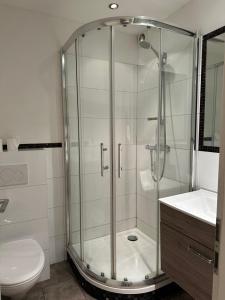 a bathroom with a shower and a toilet and a sink at CASA Del SUR in Braunschweig