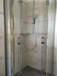 a bathroom with a shower with a glass door at Lakehouse in Brodowin in Chorin +13 photos