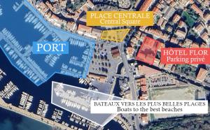a map of the port with descriptions of the buildings at Hôtel Flor in Saint-Florent
