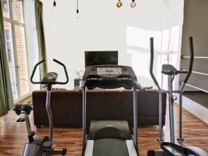 a room with two exercise bikes and a couch at Modernes Loft-Erlebnis mit Fitnessbereich & Heimkino in Magdeburg