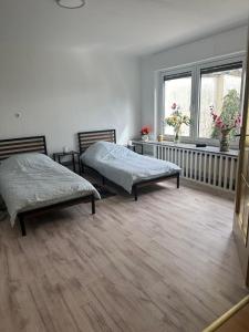 two beds in a room with two windows at Haus zur Alten Grube in Bexbach