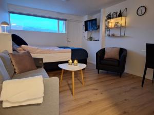 a living room with a bed and a couch and a table at L24 - Studio apartment in Akureyri