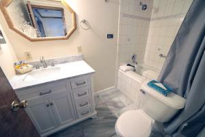 a bathroom with a toilet and a sink and a mirror at Sunnyside Knoll- 1 studio in Estes Park