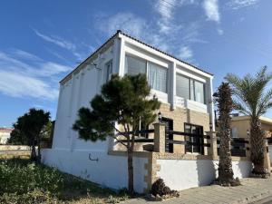 KoniaVilla Nikitas的一栋白色的房子，前面有一棵树