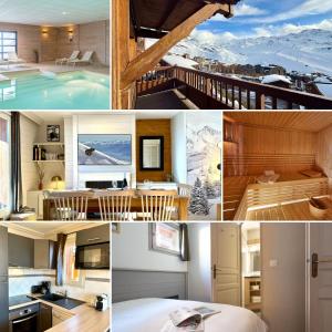 a collage of photos of a hotel room and a house at Appartement 6 8 personnes, balcon vue montagne, ski aux pieds in Val Thorens
