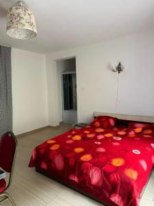a bedroom with a red bed with a red comforter at ANK -HOME i PRESIDENT- NIK in Telcişor +23 photos