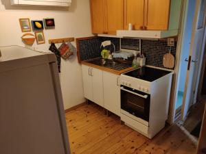 a small kitchen with a stove and a sink at Sköna stugan in Kolmården