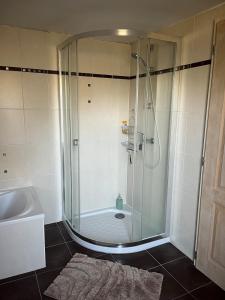 a shower in a bathroom with a sink and a tub at A la campagne in Saint-Calez-en-Saosnois +29 photos