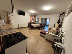a kitchen and living room with a stove top oven at Old Country Sight in Prejmer