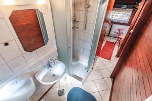 a bathroom with a sink and a shower at Apartma Retro house Čatež in Čatež ob Savi