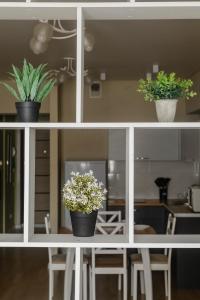 two potted plants sitting on a white shelf at One Bedroom Apartment Near Arbat In The Golden Square of Almaty in Almaty