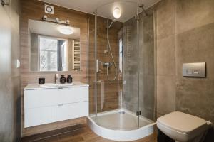 a bathroom with a shower and a toilet and a sink at Alpari Wawel in Kraków +41 photos