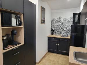 a kitchen with a black refrigerator and a sink at Le Vertuose 13 in Cuges-les-Pins
