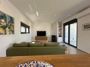a living room with a green couch and a tv at Villa SAMBA in Kamilari