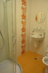 a bathroom with a shower and a toilet and a sink at Семеен хотел Звезда in Sŭdievo