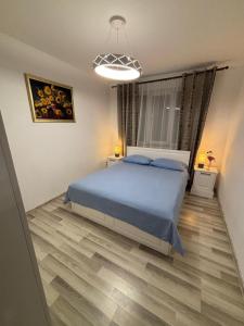 une chambre avec un lit avec des oreillers bleus dessus dans l'établissement DOL House - Apartment, à Râșnov
