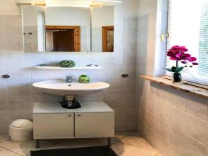ein Badezimmer mit Waschbecken und Spiegel in der Unterkunft Bungalow by Lake Kummerow with Private Beach in Sommersdorf