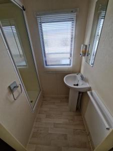 a small bathroom with a sink and a mirror at Ocean Breeze Hideaway 2 Bed Pet Friendly Static Caravan In Clarach Bay in Aberystwyth
