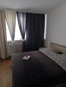 a bedroom with two beds and two large windows at Apartman Slatina in Tuzla