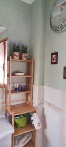 a bathroom with a wooden shelf with plants on it at La Casetta Valdonica La Spezia in Calice al Cornoviglio +34 photos
