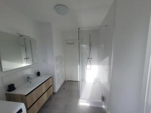 a white bathroom with a shower and a sink at Appartement bord de mer, T4 in Saint-Nazaire +8 photos