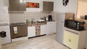 a kitchen with a refrigerator and a sink and a microwave at Appart 2ch Champlitte in Champlitte-et-le-Prélot