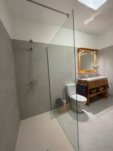 a bathroom with a shower and a toilet and a sink at Casa Tere in Teguise +8 photos