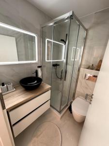 RiddesにあるAlpine Cozy Nest - La Planchetteのシャワー、洗面台、トイレ付きのバスルーム