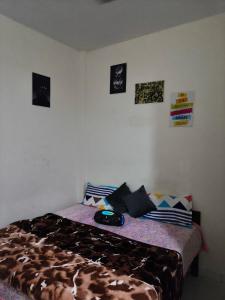 a bedroom with a bed with posters on the wall at little comfortable cozy Room in Chandīgarh