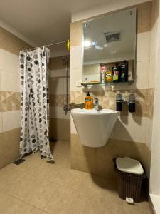 a bathroom with a sink and a shower at SkyLuxe Studio 2 with rooftop Pool & Self Check In in Islamabad
