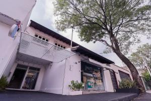 Un edificio blanco con un árbol delante. en Habitación céntrica con desayuno y baño privado, en Asunción
