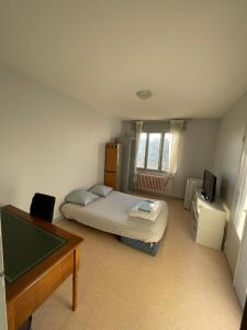 a bedroom with a bed and a pool table at Appartement spacieux centre-ville in Mulhouse