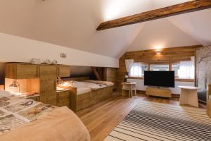 sypialnia z dwoma łóżkami i telewizorem z płaskim ekranem w obiekcie Luxury Chalet Mallnitz w mieście Mallnitz