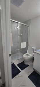 a bathroom with a toilet and a glass shower at Cozzy Cityscape & Airport Retreat in Calgary +14 photos