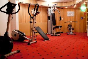 - une salle de sport avec plusieurs appareils d'exercice sur un tapis rouge dans l'établissement City Hotel, à Delmenhorst