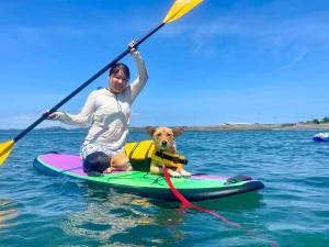 a man and a dog on a paddle board in the water at Japari Tateyama - Vacation STAY 84008v in Tateyama
