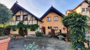 a large house with a courtyard with potted plants at Weingut Magdalenenhof in Rüdesheim am Rhein