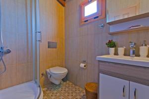 a bathroom with a toilet and a sink and a shower at Lilyum Alaçatı - Taş Ev in Alacati +67 photos