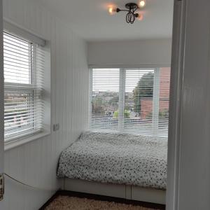Derwent HaughにあるWhole flat in a newly built in Newcastleのベッドと2つの窓がある寝室
