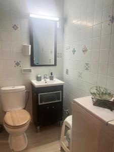 ein Badezimmer mit Toilette, Waschbecken und Spiegel in der Unterkunft Apartamento con vistas al mar in Málaga