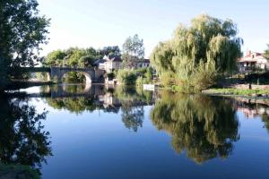 a view of a river with a bridge and trees at Studio centre bourg in Saint-Mars-de-Coutais