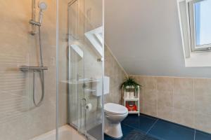 a bathroom with a toilet and a glass shower at Ferienwohnung Sena in Weisweil