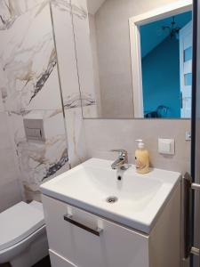 a white bathroom with a sink and a toilet at Fundacja Apartamenty Czterolistna Koniczyna in Przemyśl