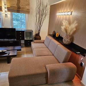 a living room with a couch and a tv at paralia ofriniou beautiful house in Karianí +70 photos
