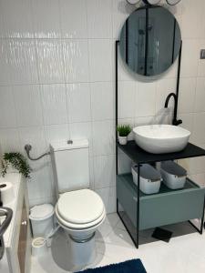 a bathroom with a white toilet and a sink at Apartment Blue Green Virovitica in Virovitica