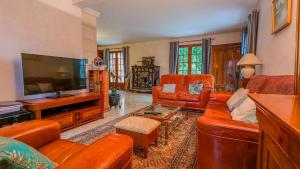 sala de estar con muebles de cuero naranja y TV de pantalla plana en Gîte Le Grand Albizia, en Cellettes